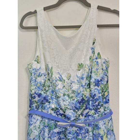 Danny and Nicole Dress Womens 12 Sleeveless Floral Lace Blue/White Belted Dress - Picture 2 of 16